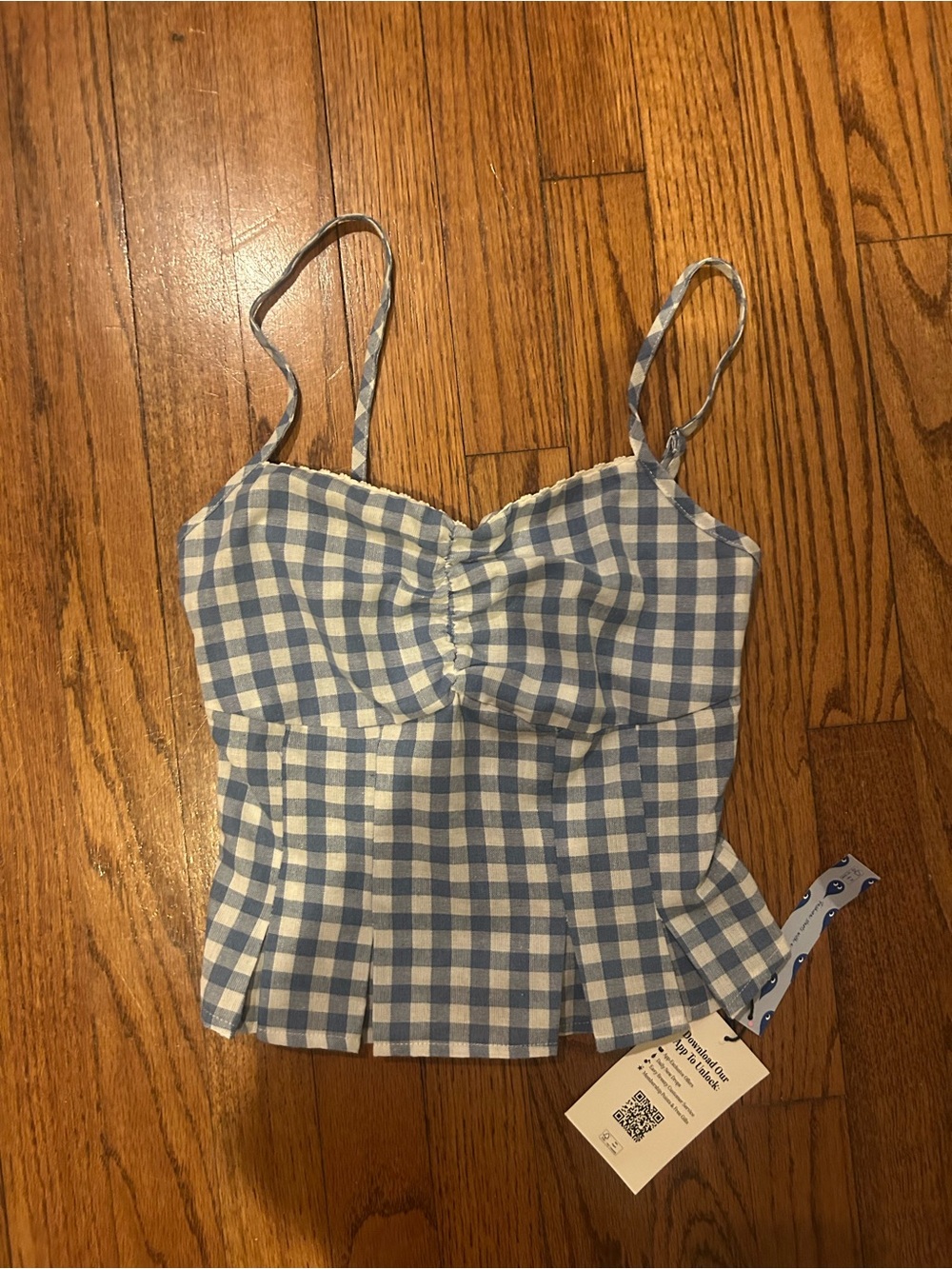 Cider Blue and White Gingham Ruched Bust Peplum Cami